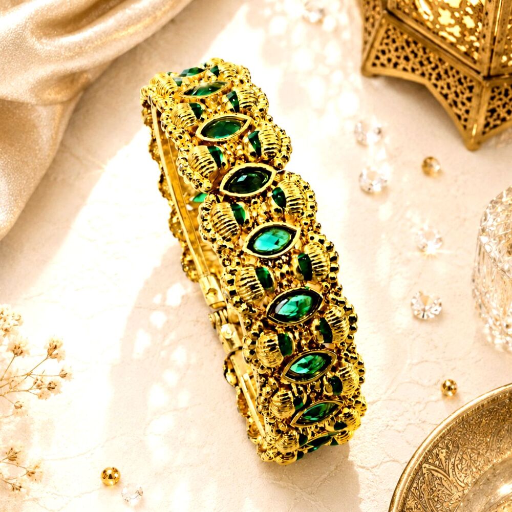 Ornate Gold Tone Green Rhinestone Eastern Inspired Hinged Bangle Bracelet